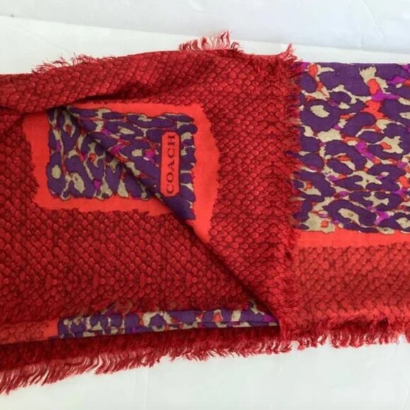 Coach Red Purple Magenta Wool Scarf Shawl Pashima Fringe 50" X 50" - Picture 7 of 11